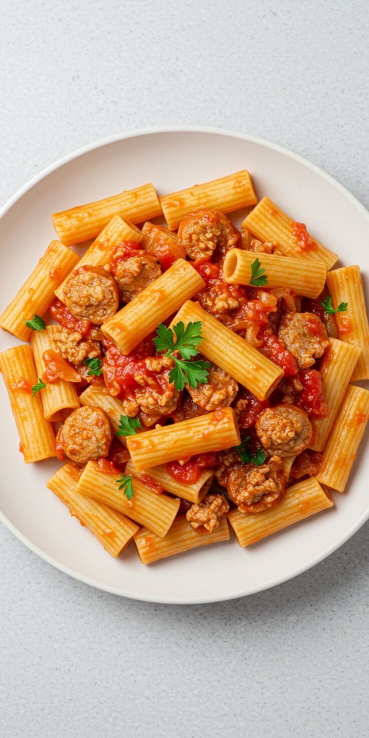 This creamy Sausage Rigatoni is packed with flavor—Italian sausage, garlic, and a rich tomato blend make it the perfect weeknight dinner.