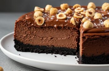 Dark Chocolate Cheesecake is ultra-rich with a dark chocolate filling, hazelnut crust, and Chocolate ganache—pure decadence in every creamy, nutty bite!