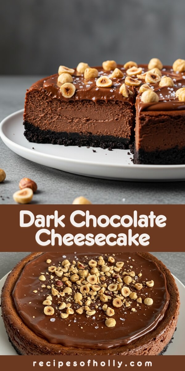 Dark Chocolate Cheesecake is ultra-rich with a dark chocolate filling, hazelnut crust, and Chocolate ganache—pure decadence in every creamy, nutty bite!