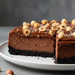 Dark Chocolate Cheesecake is ultra-rich with a dark chocolate filling, hazelnut crust, and Chocolate ganache—pure decadence in every creamy, nutty bite!