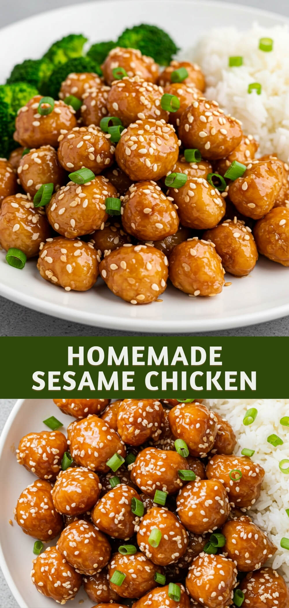 Crispy, juicy sesame chicken tossed in a sticky-sweet, garlicky sauce, served over fluffy jasmine rice and topped with scallions and sesame seeds