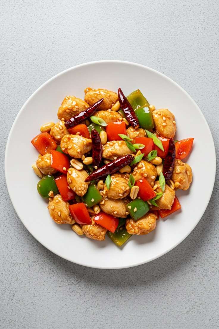 Kung Pao Chicken—sweet, spicy, crunchy, and bold! Packed with tender chicken, veggies, and peanuts over jasmine rice for a perfect takeout-style meal