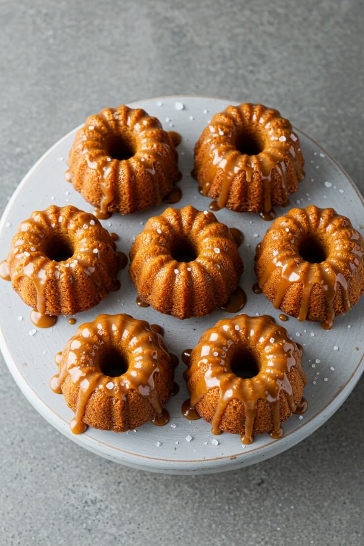 Mini Caramel Cakes are rich, buttery little treats topped with gooey caramel and a touch of flaky sea salt. The perfect balance of sweet and salty in every bite!