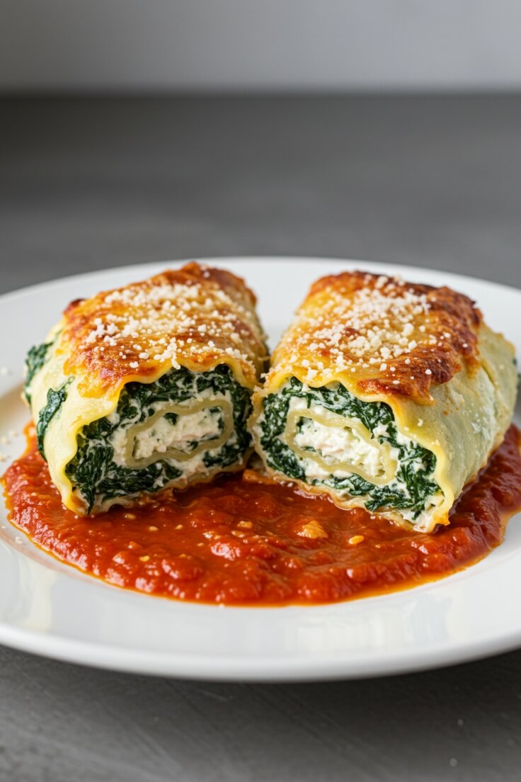 Spinach Lasagna Roll Ups are a delicious twist on classic lasagna with creamy ricotta, fresh spinach, and gooey cheese rolled inside tender noodles. Perfect for a cozy dinner!