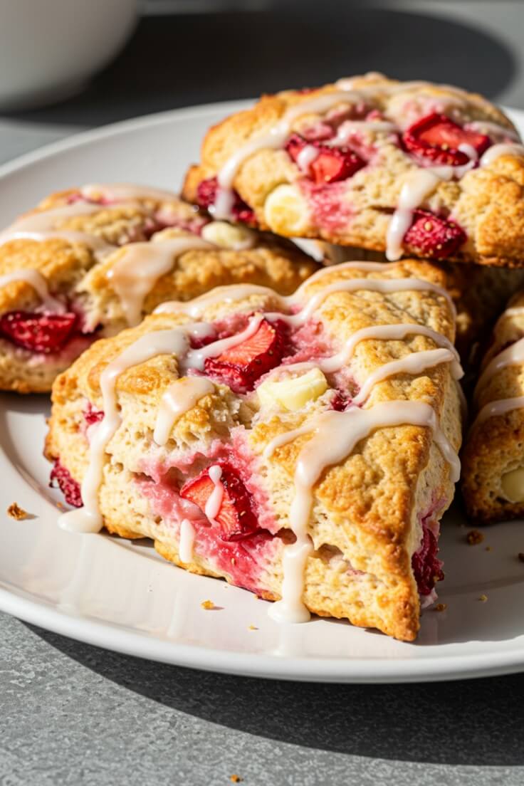 These Strawberry White Chocolate Scones are buttery, tender, and bursting with fresh strawberries and melty white chocolate 🍓🍫 Finished with a lemon glaze that adds the perfect zesty touch.