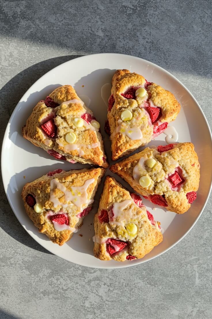 These Strawberry White Chocolate Scones are buttery, tender, and bursting with fresh strawberries and melty white chocolate 🍓🍫 Finished with a lemon glaze that adds the perfect zesty touch.