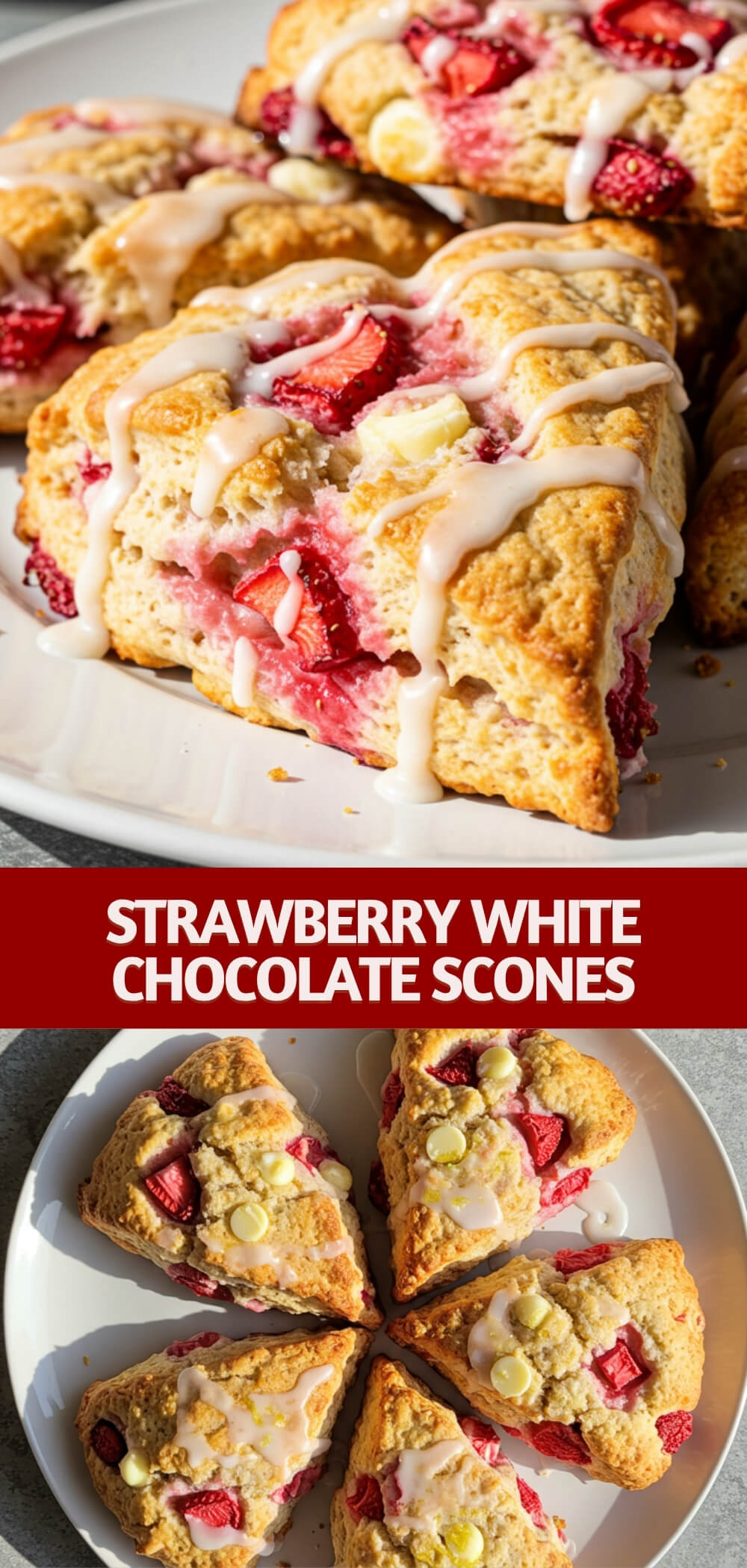 These Strawberry White Chocolate Scones are buttery, tender, and bursting with fresh strawberries and melty white chocolate 🍓🍫 Finished with a lemon glaze that adds the perfect zesty touch.