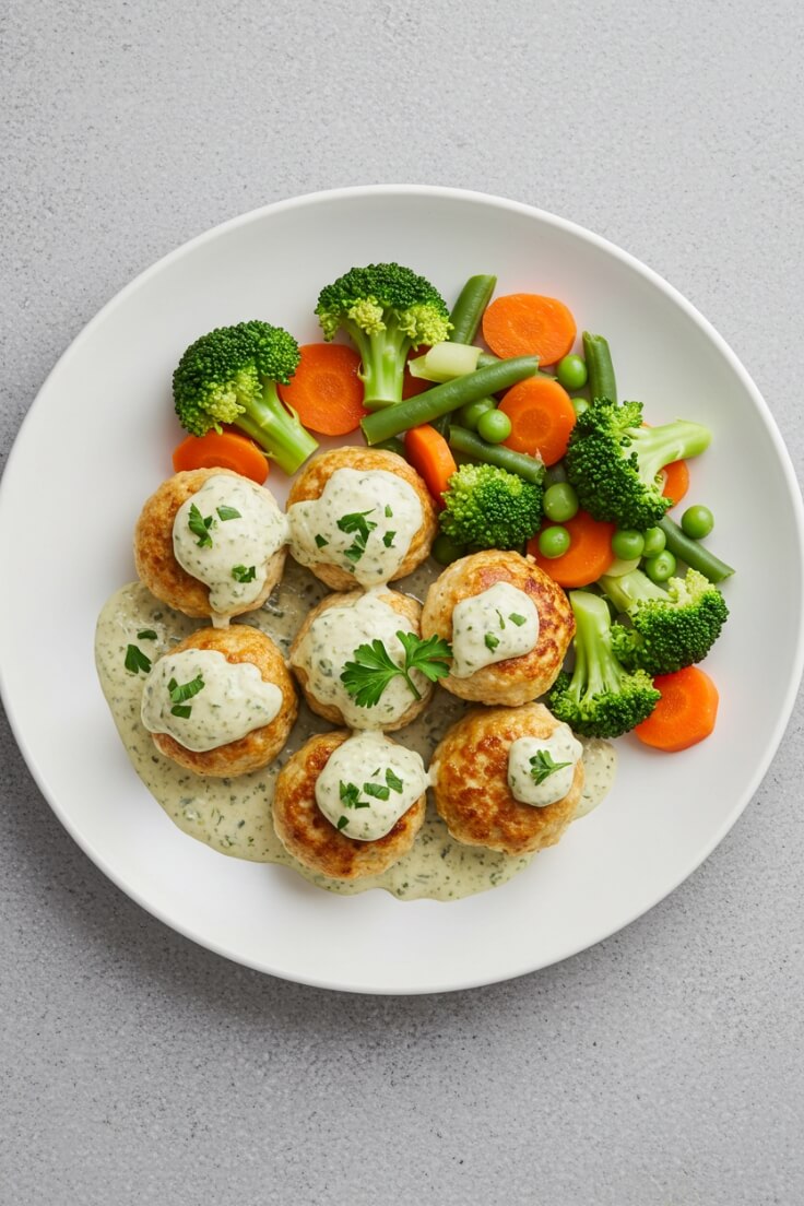 Juicy chicken meatballs simmered in a creamy parmesan-garlic sauce—comfort food perfection in every bite!