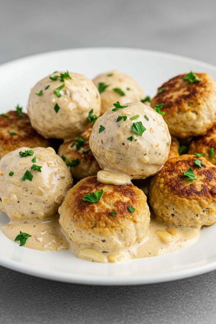 Juicy chicken meatballs simmered in a creamy parmesan-garlic sauce—comfort food perfection in every bite!