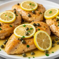 Golden seared chicken in a vibrant lemon-butter sauce with garlic, broth, and briny capers—Homemade Chicken Piccata is pure zesty comfort!