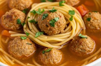 A cozy twist on a classic—juicy turkey meatballs, tender spaghetti, and rich tomato broth come together in one comforting bowl!
