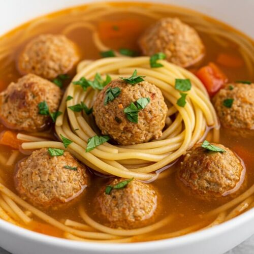 A cozy twist on a classic—juicy turkey meatballs, tender spaghetti, and rich tomato broth come together in one comforting bowl!