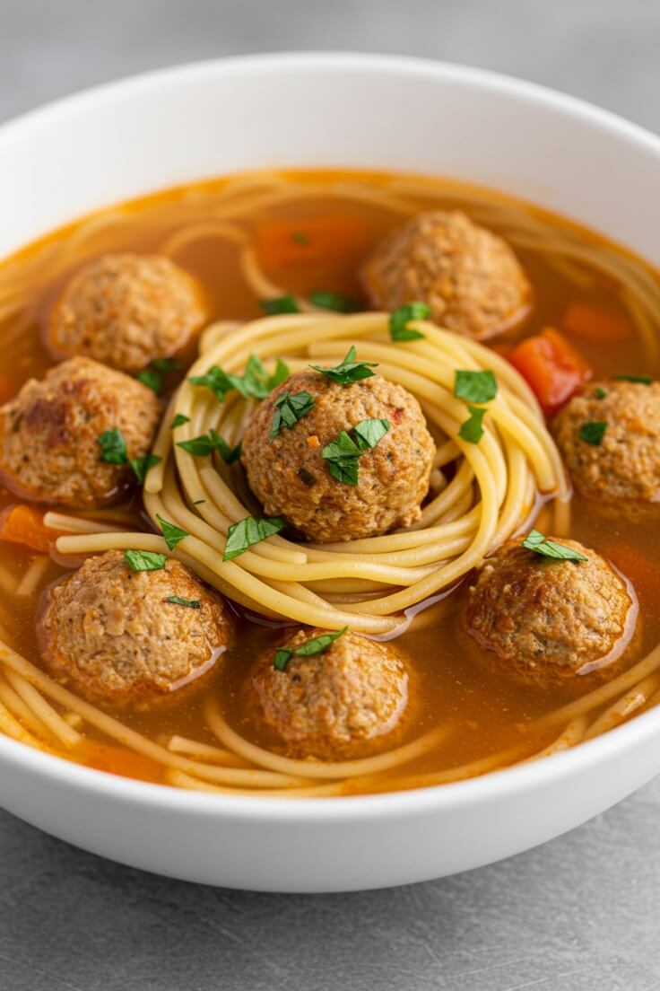 A cozy twist on a classic—juicy turkey meatballs, tender spaghetti, and rich tomato broth come together in one comforting bowl!