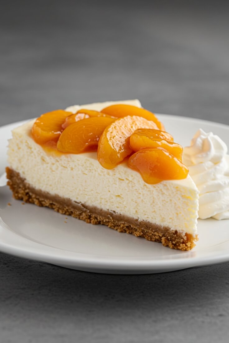 A silky peach cheesecake with a cinnamon graham crust, fruity topping, and clouds of whipped cream—summer dessert dreams come true!