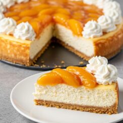A silky peach cheesecake with a cinnamon graham crust, fruity topping, and clouds of whipped cream—summer dessert dreams come true!