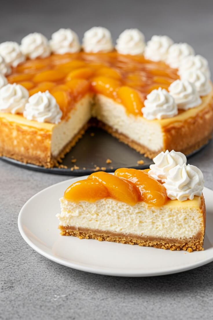 A silky peach cheesecake with a cinnamon graham crust, fruity topping, and clouds of whipped cream—summer dessert dreams come true!