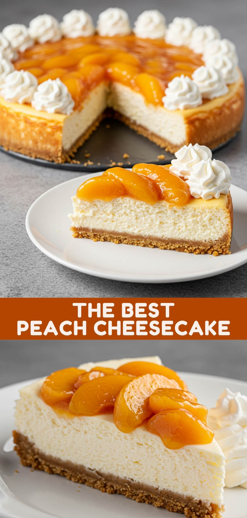A silky peach cheesecake with a cinnamon graham crust, fruity topping, and clouds of whipped cream—summer dessert dreams come true!