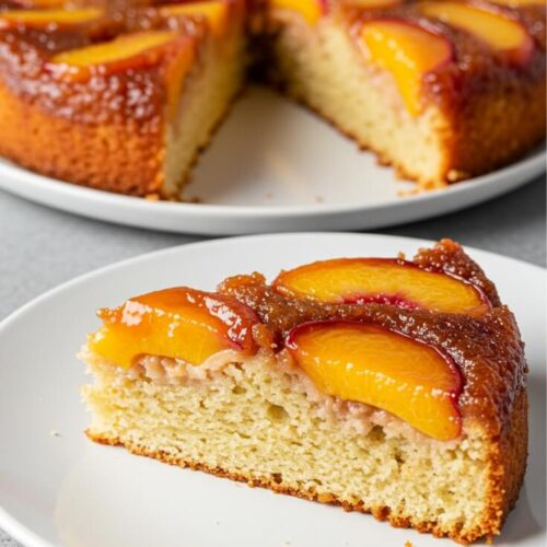A golden, sticky crown of peaches tops this tender, spiced buttermilk cake—sweet, moist, and perfect for flipping into dessert perfection!