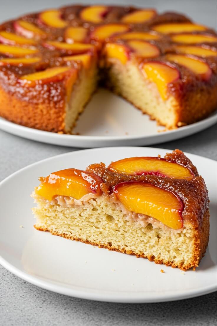 A golden, sticky crown of peaches tops this tender, spiced buttermilk cake—sweet, moist, and perfect for flipping into dessert perfection!