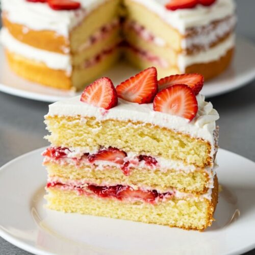 Light, fluffy layers of vanilla cake wrapped in strawberry-speckled cream cheese whipped cream—this strawberry cake is summer in every slice!