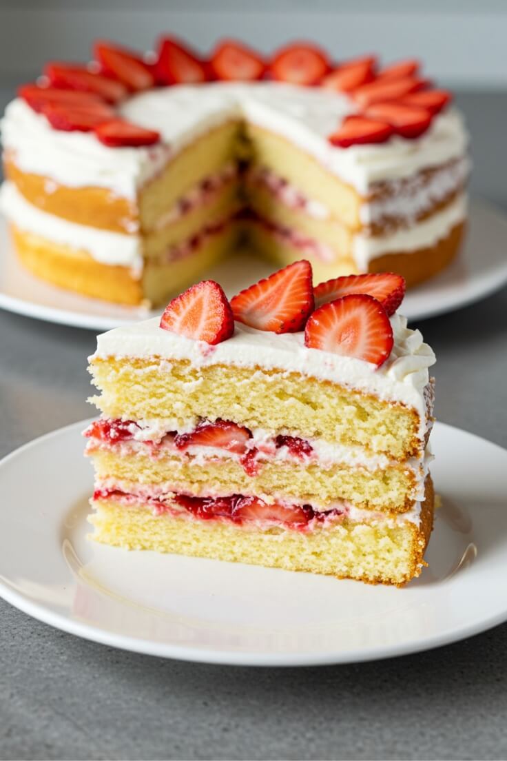 Light, fluffy layers of vanilla cake wrapped in strawberry-speckled cream cheese whipped cream—this strawberry cake is summer in every slice!