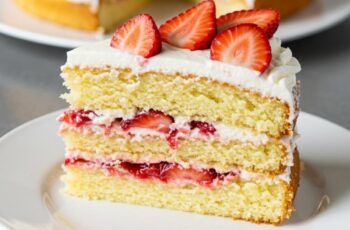 Light, fluffy layers of vanilla cake wrapped in strawberry-speckled cream cheese whipped cream—this strawberry cake is summer in every slice!