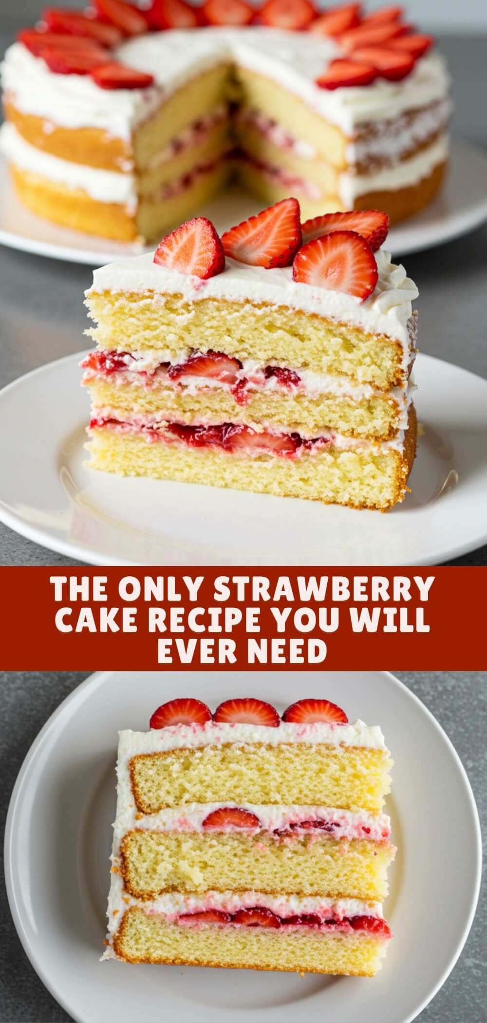 Light, fluffy layers of vanilla cake wrapped in strawberry-speckled cream cheese whipped cream—this strawberry cake is summer in every slice!