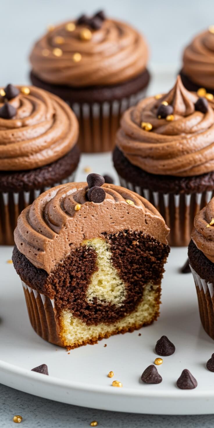 Light and fluffy marble cupcakes with swirls of vanilla and chocolate, topped with rich buttercream and playful sprinkles.