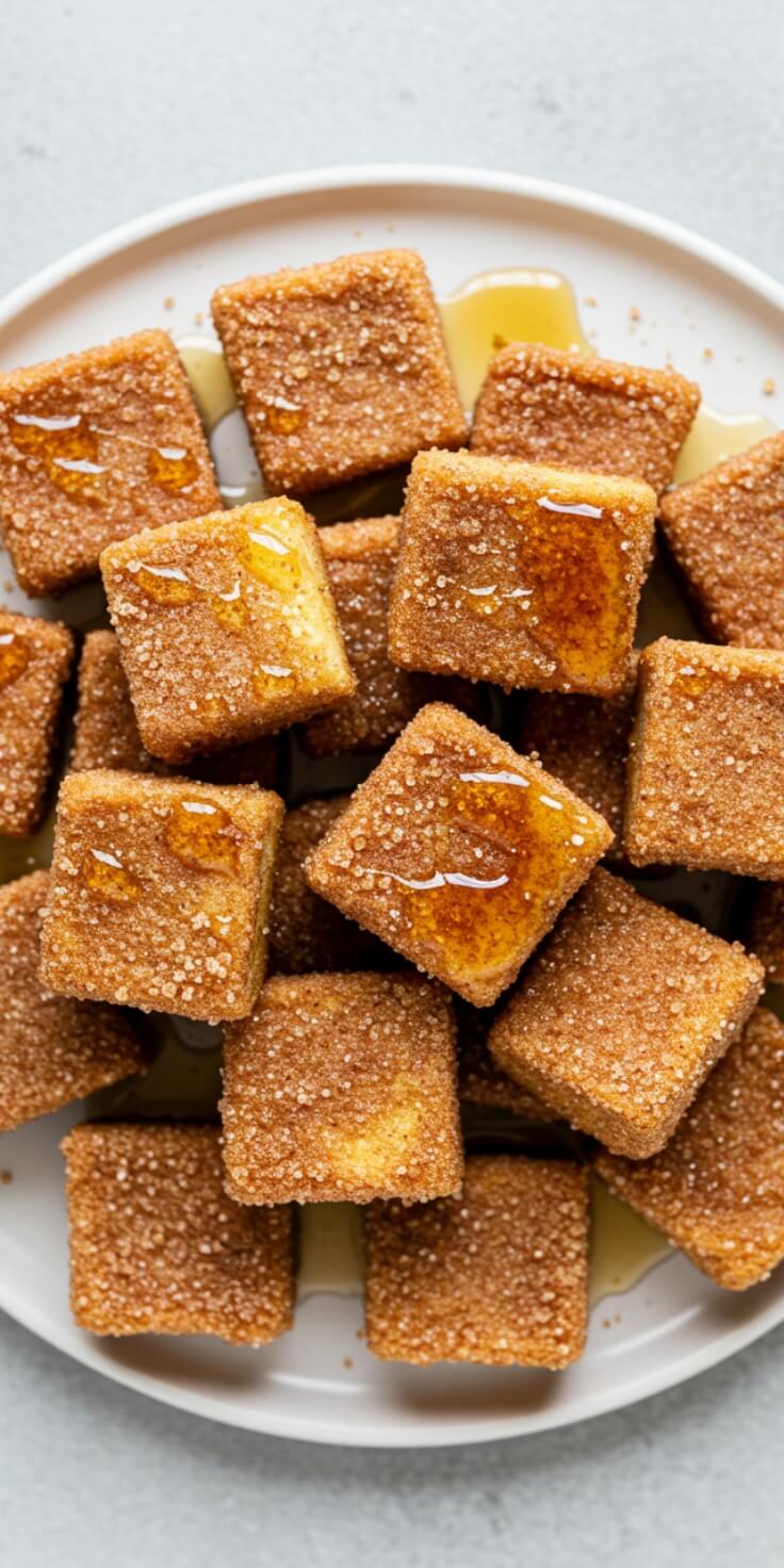Cinnamon French Toast Bites with Maple Syrup are bite-sized pieces of golden, custardy French toast, perfectly spiced with cinnamon and served with a drizzle of sweet maple syrup.