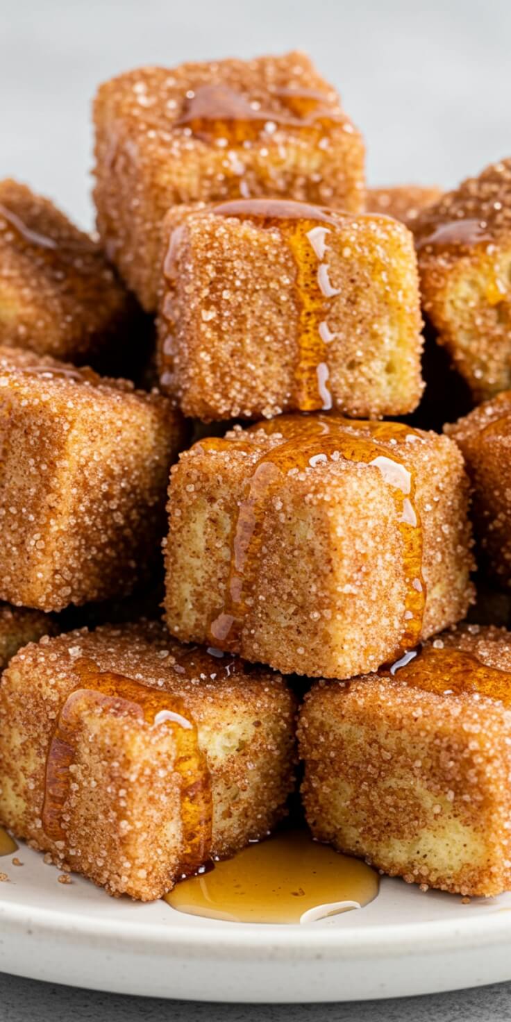 Cinnamon French Toast Bites with Maple Syrup are bite-sized pieces of golden, custardy French toast, perfectly spiced with cinnamon and served with a drizzle of sweet maple syrup.