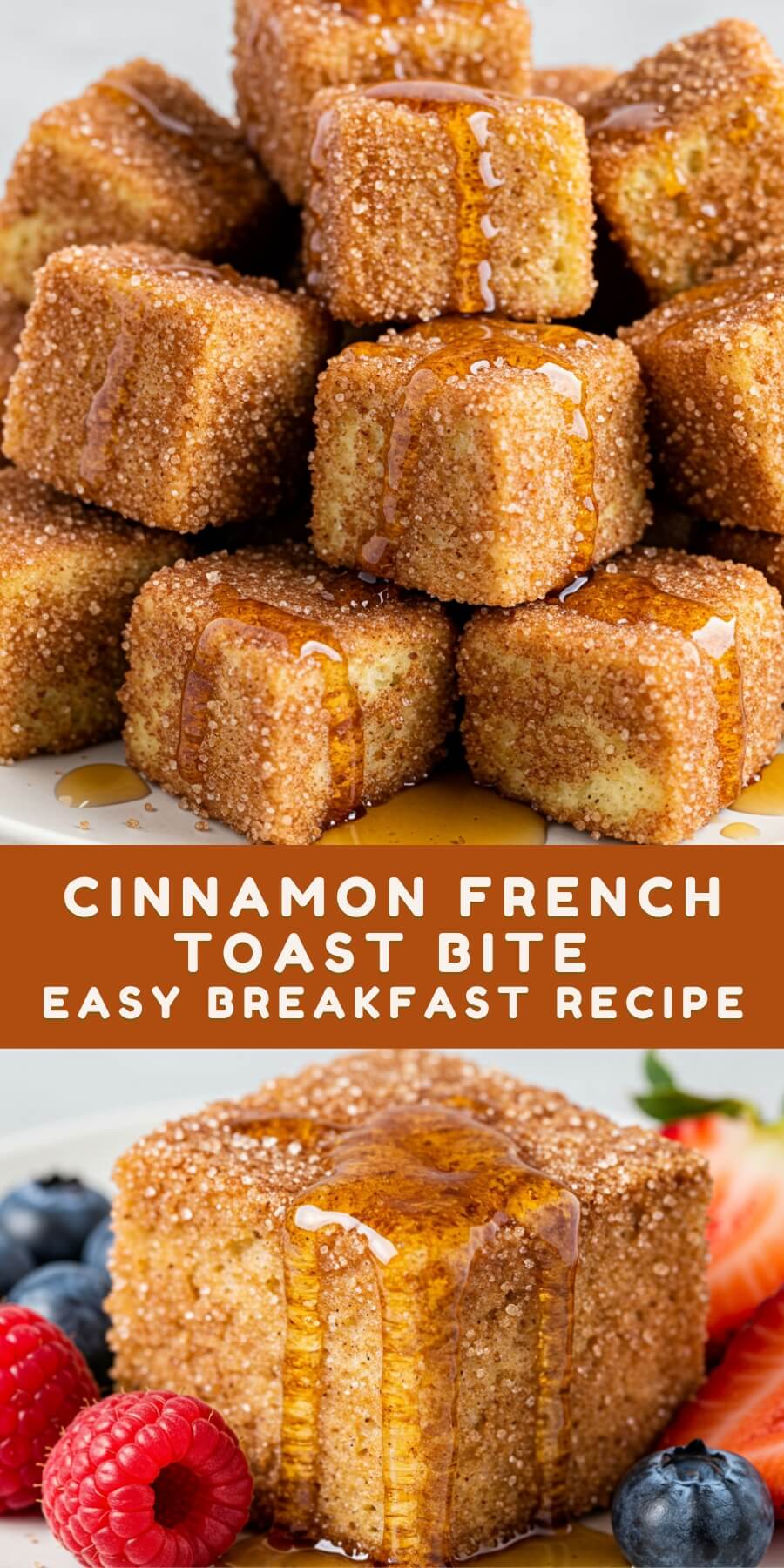 Cinnamon French Toast Bites with Maple Syrup are bite-sized pieces of golden, custardy French toast, perfectly spiced with cinnamon and served with a drizzle of sweet maple syrup.