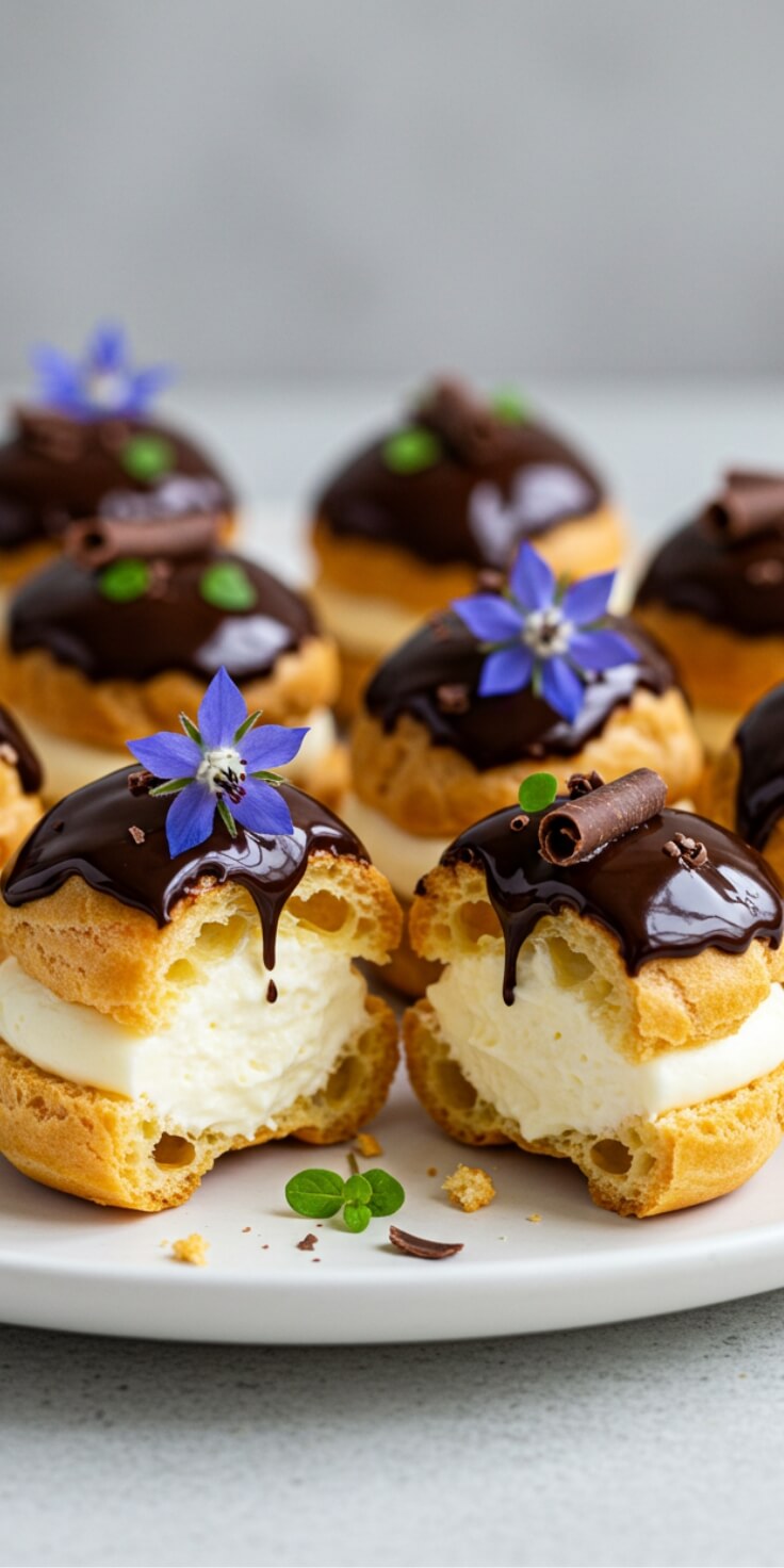 Classic French profiteroles with crisp choux buns, luscious vanilla ice cream, and rich chocolate sauce—an elegant, timeless dessert indulgence.