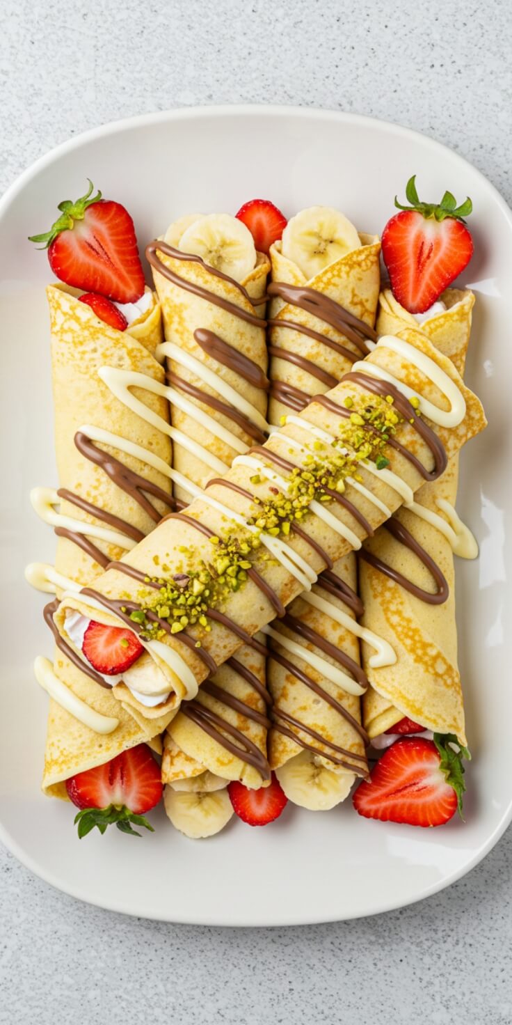 Crepe Rolls with Cream, Strawberries & Chocolate