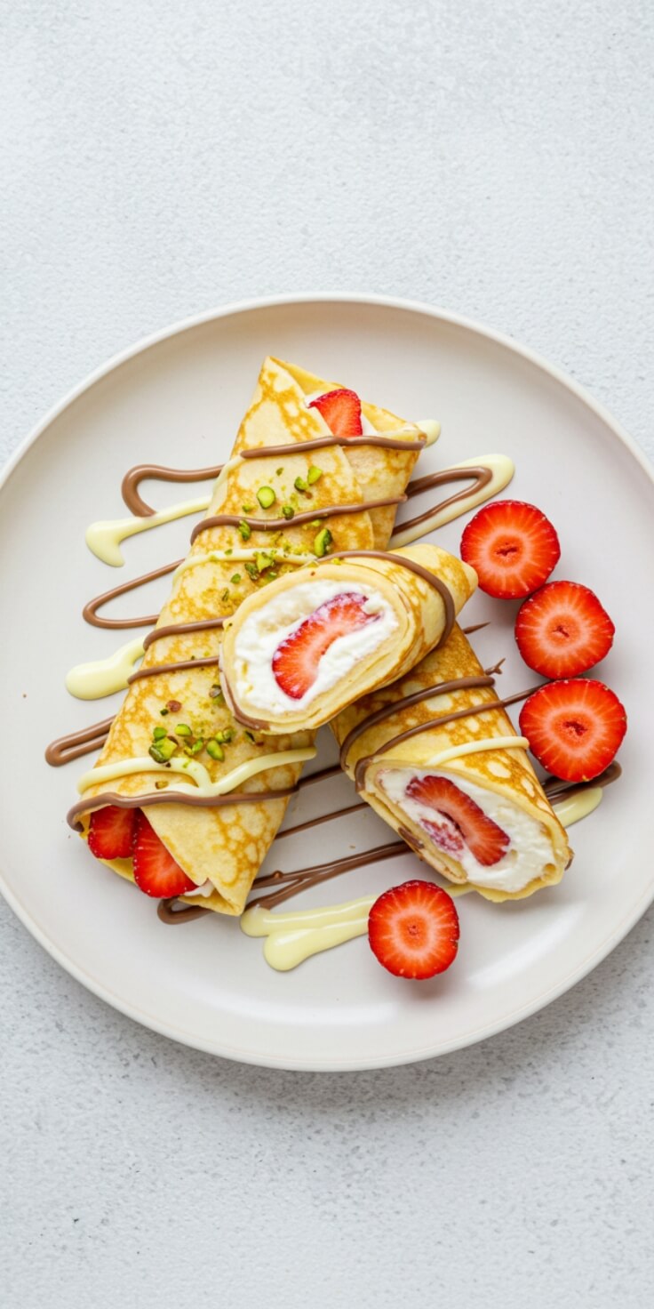 Crepe Rolls with Cream, Strawberries & Chocolate
