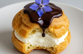 Classic French profiteroles with crisp choux buns, luscious vanilla ice cream, and rich chocolate sauce—an elegant, timeless dessert indulgence.
