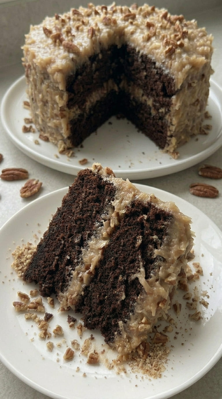 Easy German Chocolate Cake – Rich, Moist & Coconut Pecan Topping