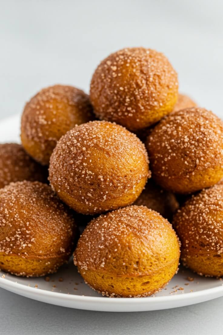 Soft, spiced pumpkin donut holes coated in cinnamon sugar. Perfectly tender bites bursting with cozy fall flavors in every bite.
