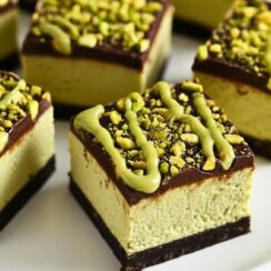 No Bake Chocolate Pistachio Cheesecake Bars
