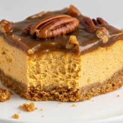 Pecan Pumpkin Cheesecake Bars with Butterscotch Sauce