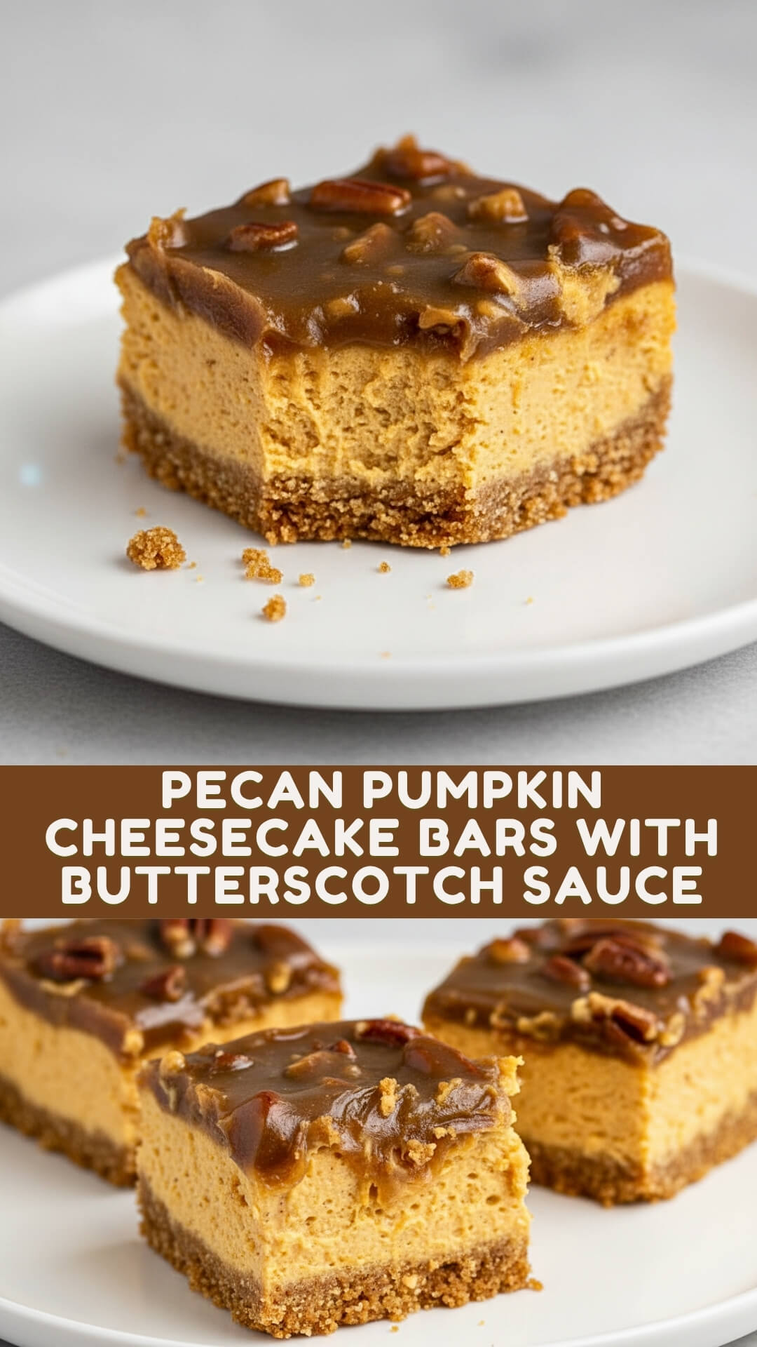 Pecan Pumpkin Cheesecake Bars with Butterscotch Sauce