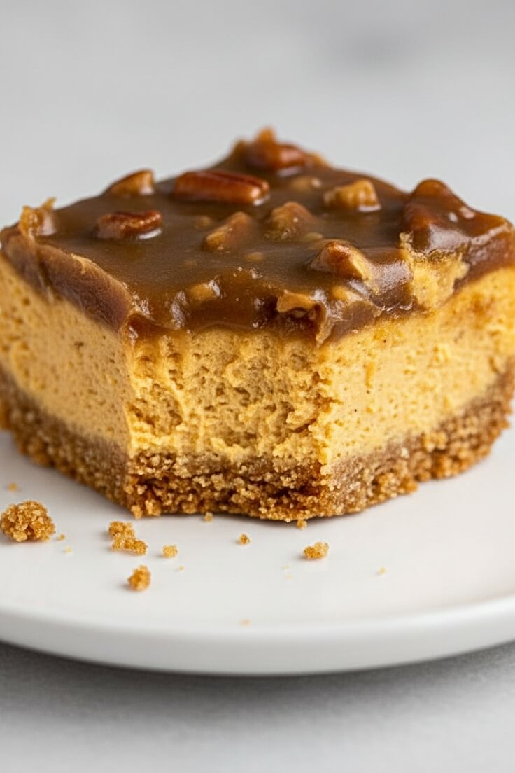 Pecan Pumpkin Cheesecake Bars with Butterscotch Sauce