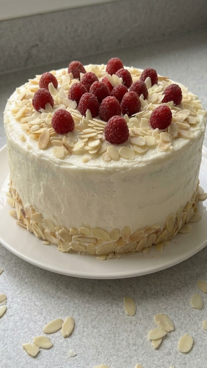 Bakery-Style White Chocolate Raspberry Almond Cake at Home