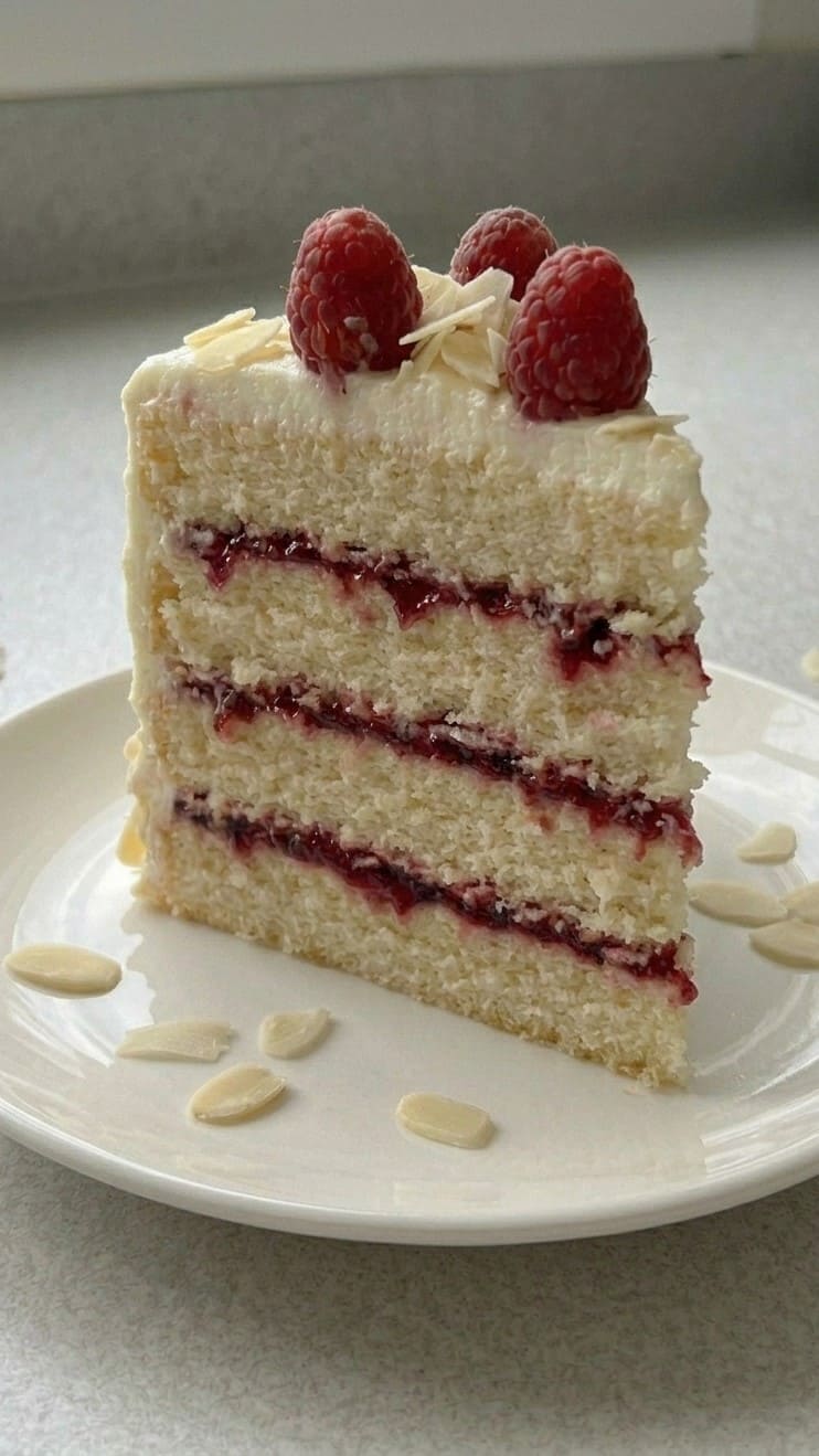Bakery-Style White Chocolate Raspberry Almond Cake at Home