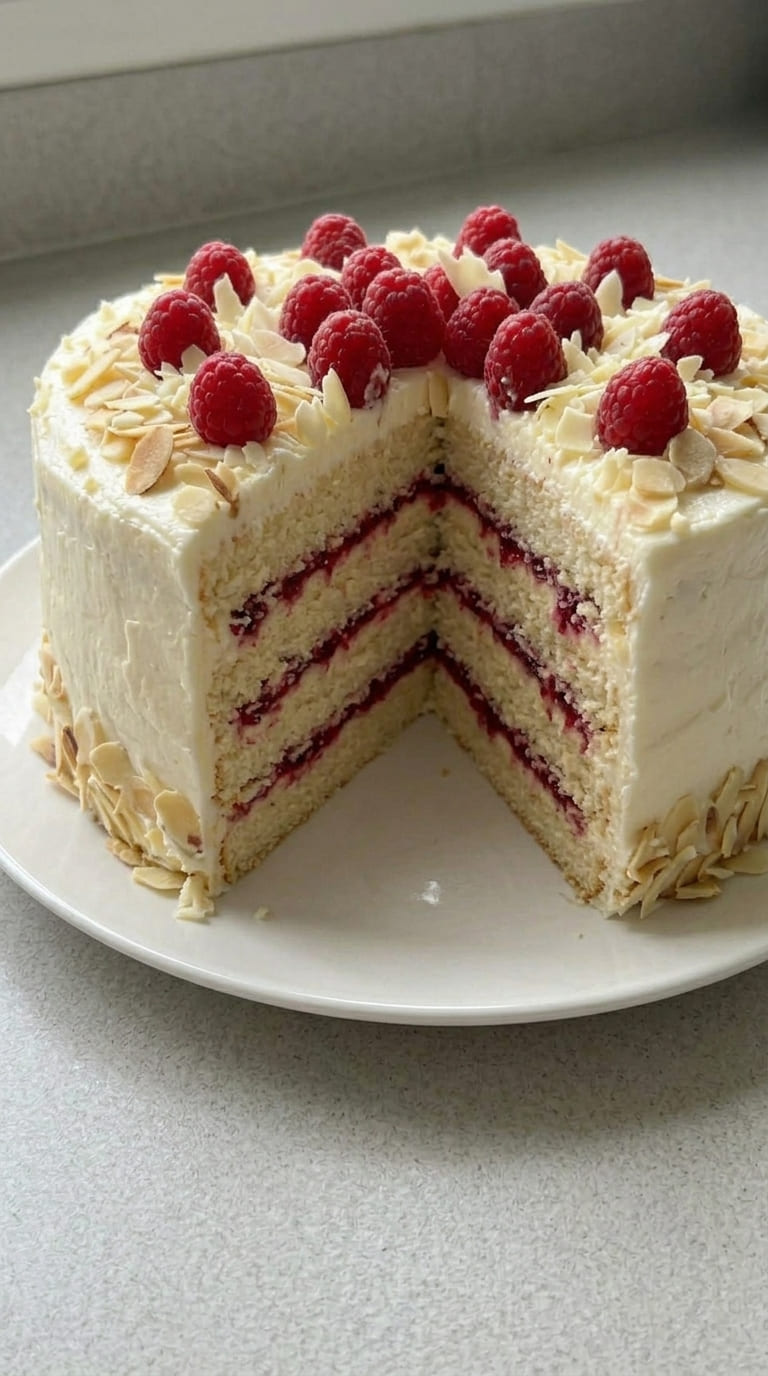 Bakery-Style White Chocolate Raspberry Almond Cake at Home