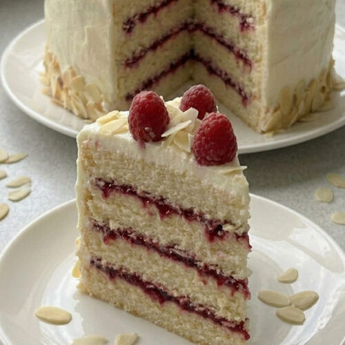 Bakery-Style White Chocolate Raspberry Almond Cake at Home