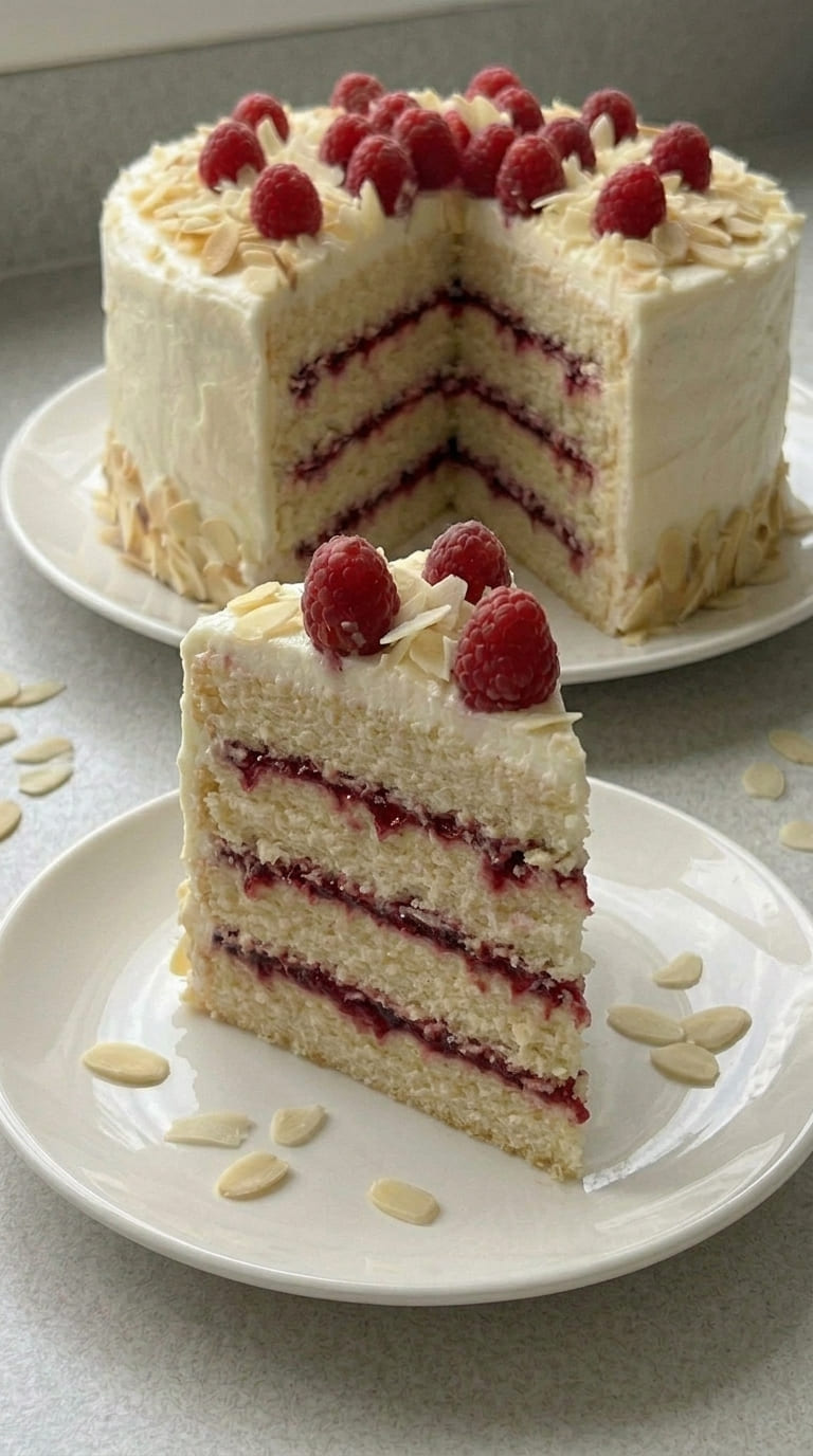 Bakery-Style White Chocolate Raspberry Almond Cake at Home