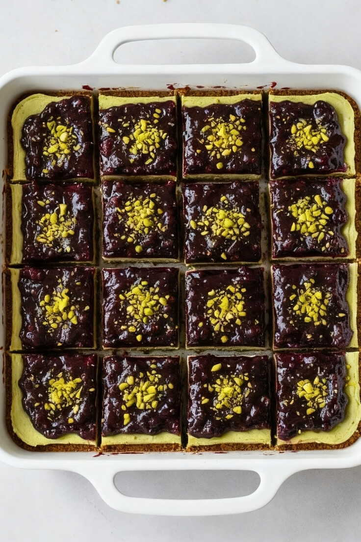 Blackberry Pistachio Cheesecake Bars
