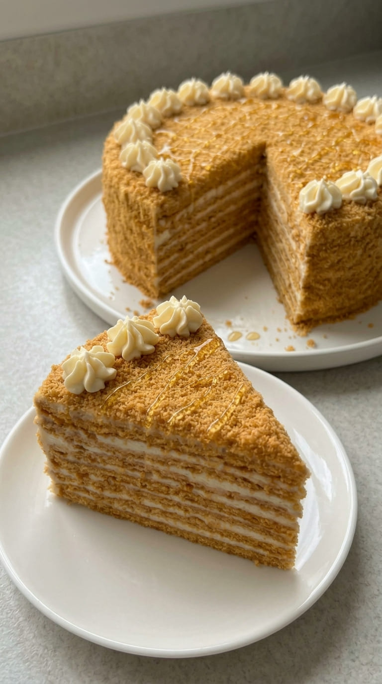 Easy Homemade Medovik Cake with Soft Honey Cake Layers