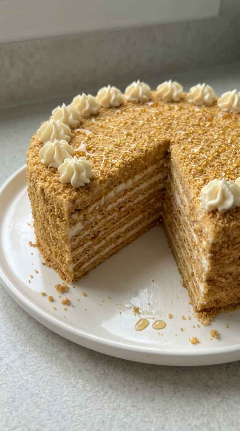 Easy Homemade Medovik Cake with Soft Honey Cake Layers