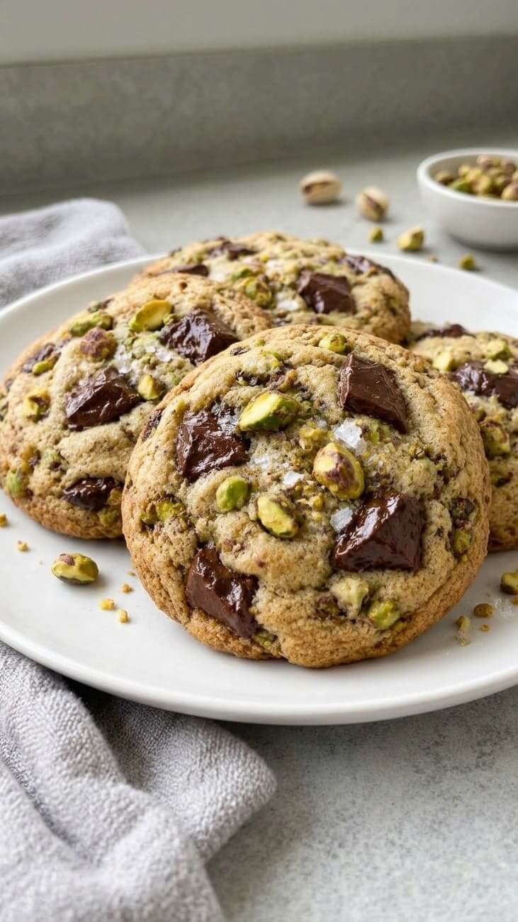These Pistachio Chocolate Chunk Cookies are buttery, chewy, chocolatey, and seriously hard to resist!